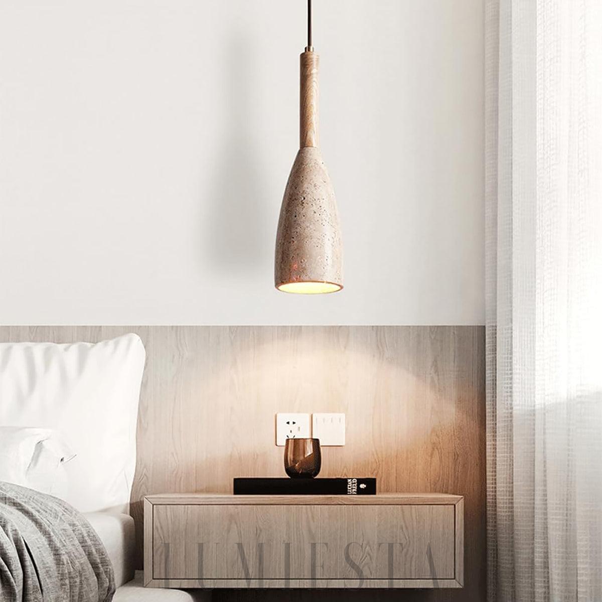 Lampa wisząca Stone Cave z trawertynu i drewnem 10cm 27cm