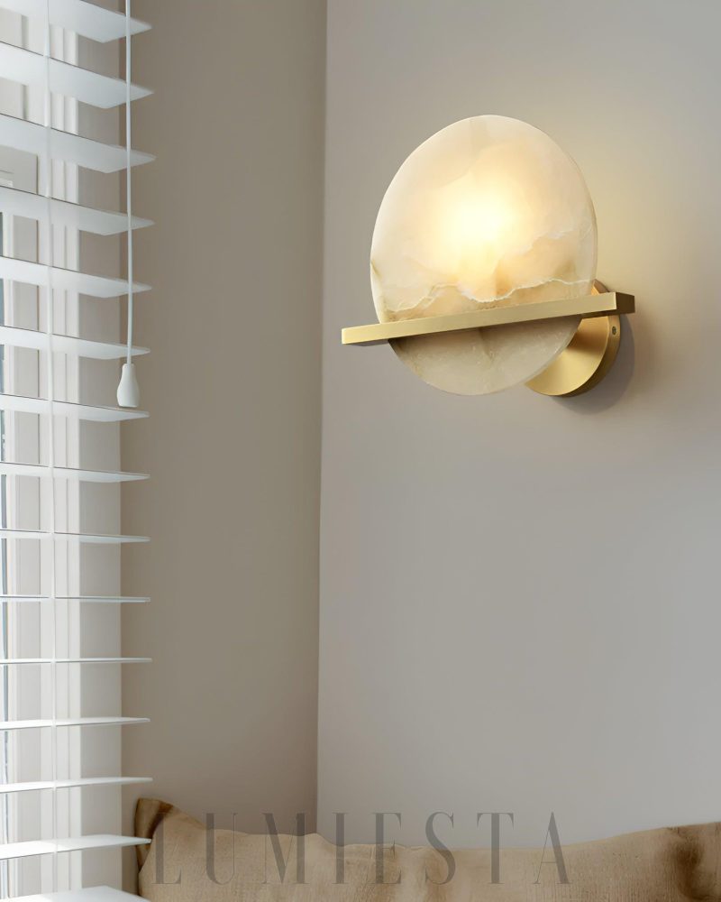 Lampa Ścienna Savion Okrągła z Alabastru Mosiężna 20cm