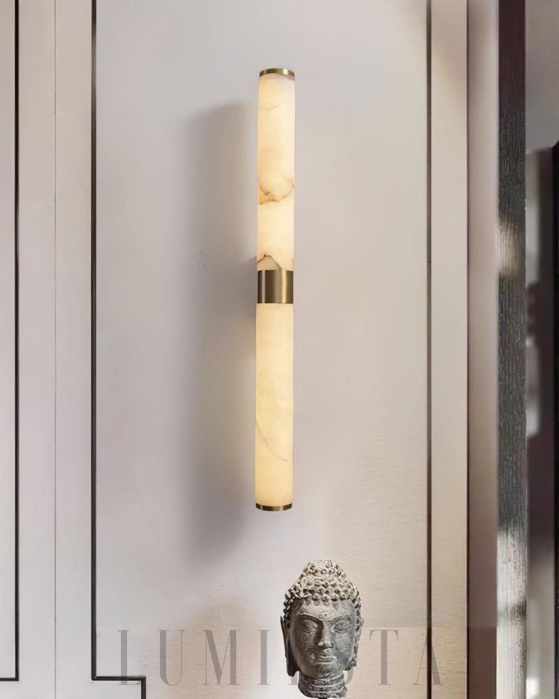 Lampa Ścienna Cylindryczna z Alabastru Biała Złota 70cm