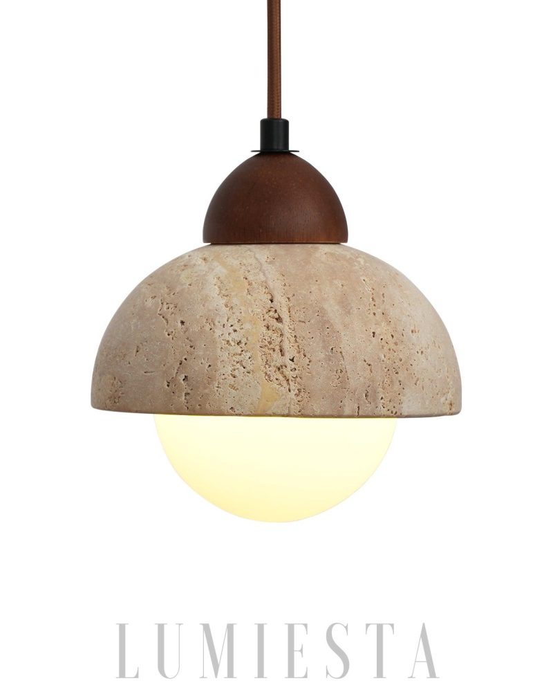 Lampa wisząca półokrągła z travertynu i szkła w kolorze beżowym