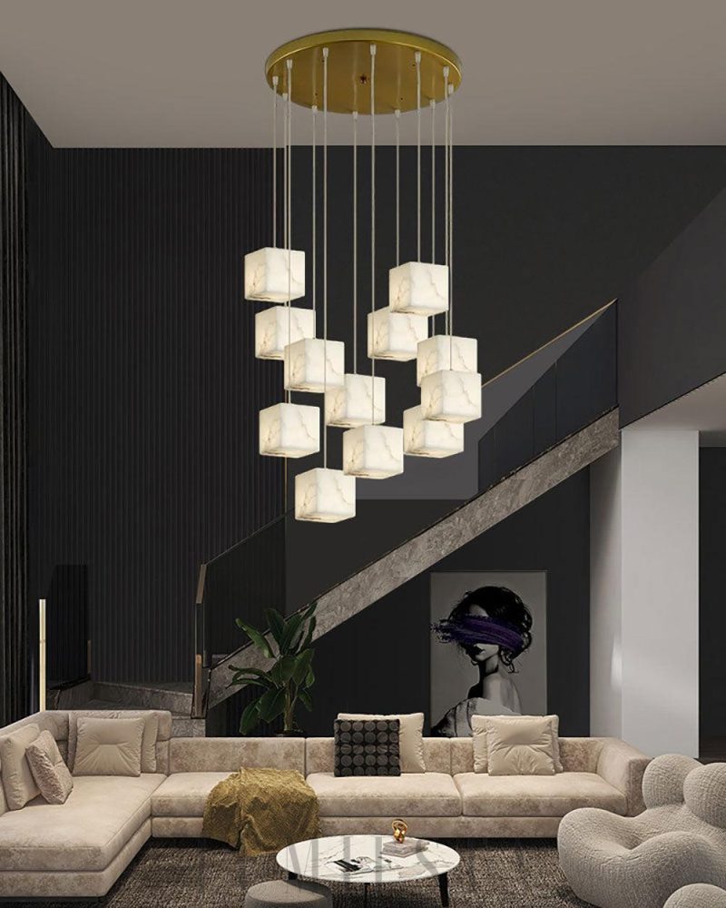 Lampa wisząca Alabaster Cube Box w złotym i białym stylu