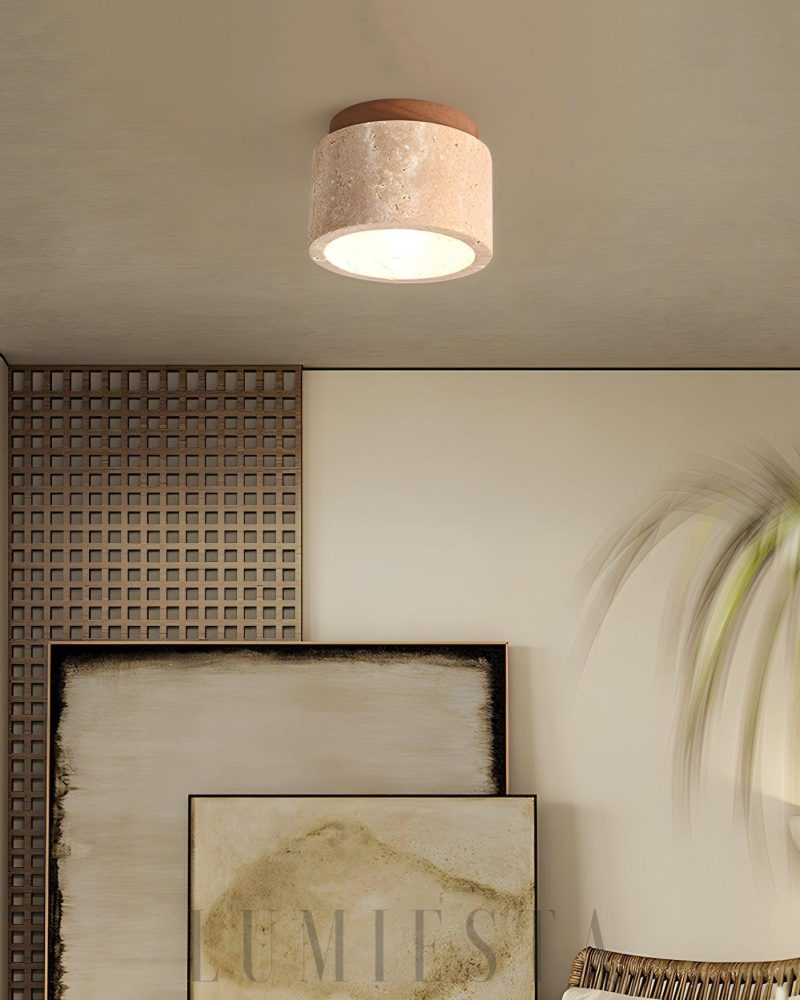 Beżowa Cylindryczna Lampa Sufitowa z Trawertynu 12cm