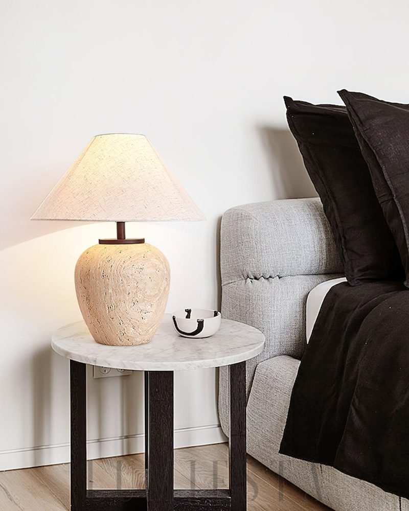 Lampa stołowa Aoji z travertynu w kształcie misy 48cm beżowa