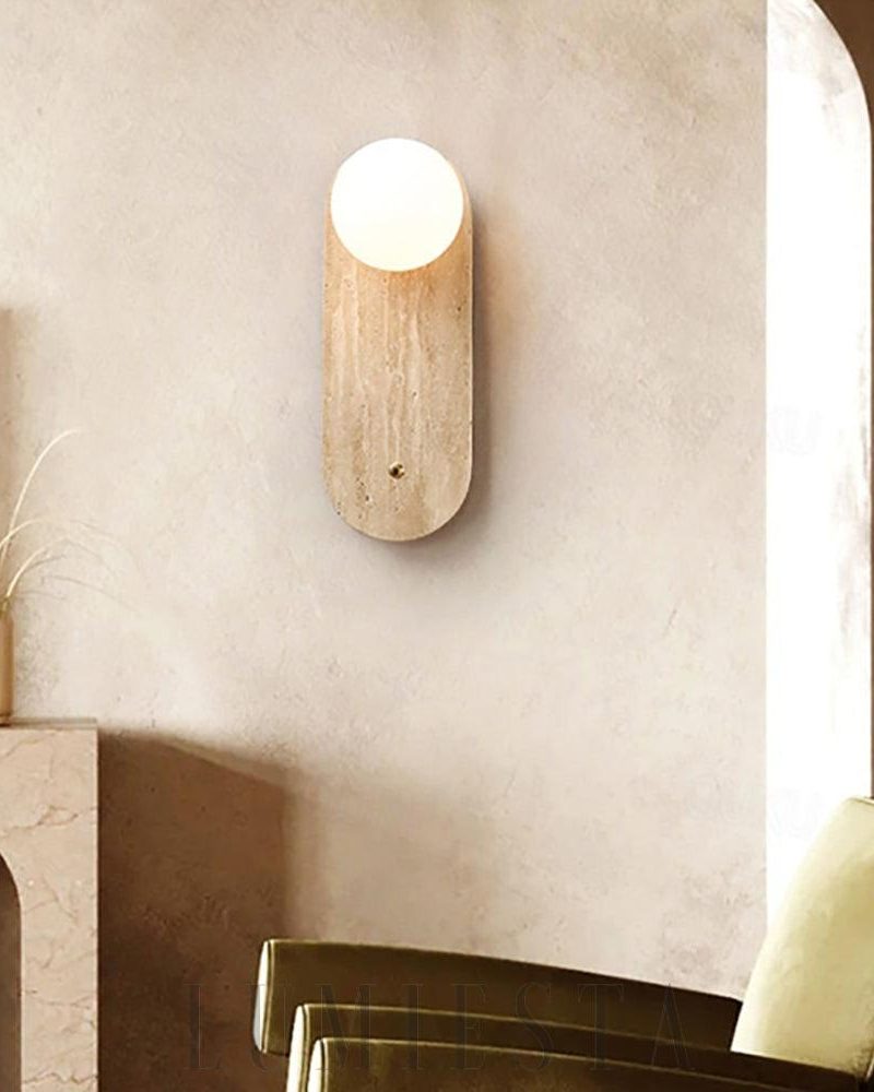 Lampa ścienna z trawertynu w kształcie okrągłym i owalnym żółta