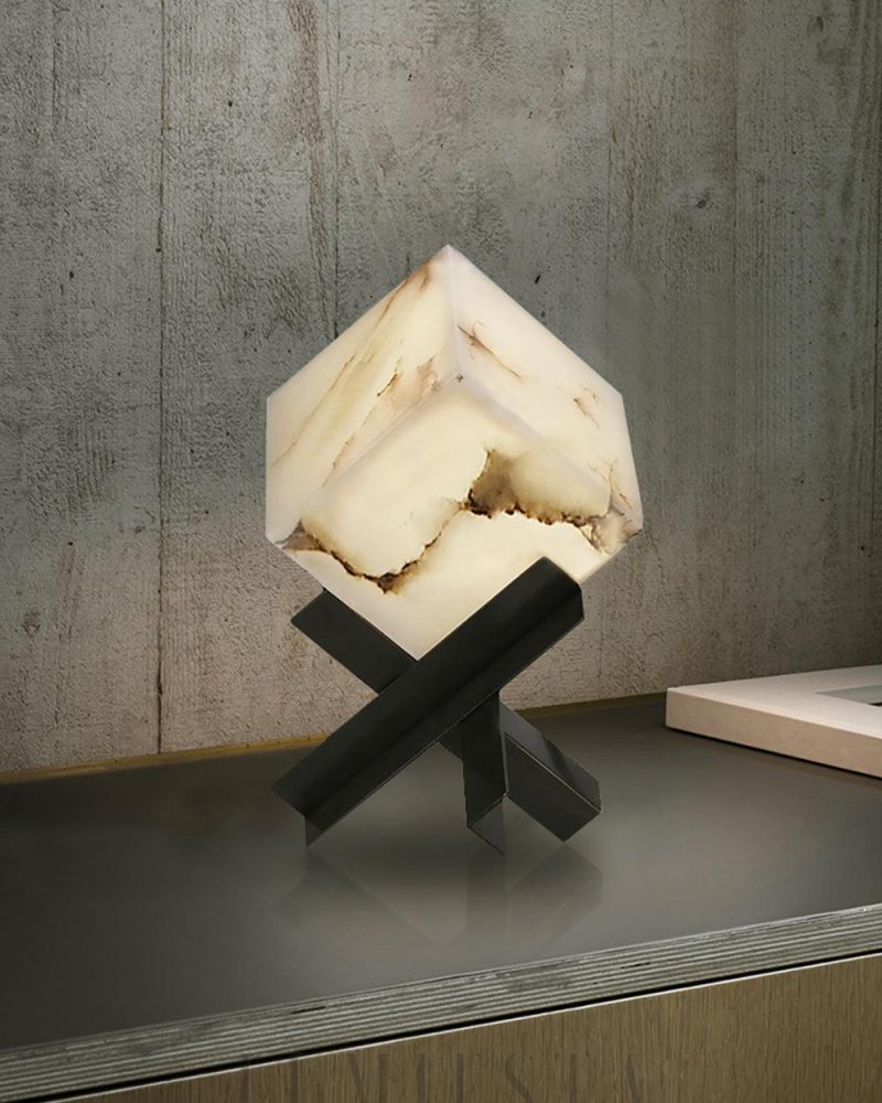 Lampa stołowa w kształcie kostki z alabastru nowoczesna biała