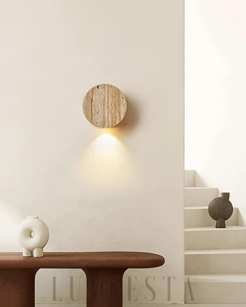 Beżowa okrągła lampa ścienna z travertynu 10cm vintage