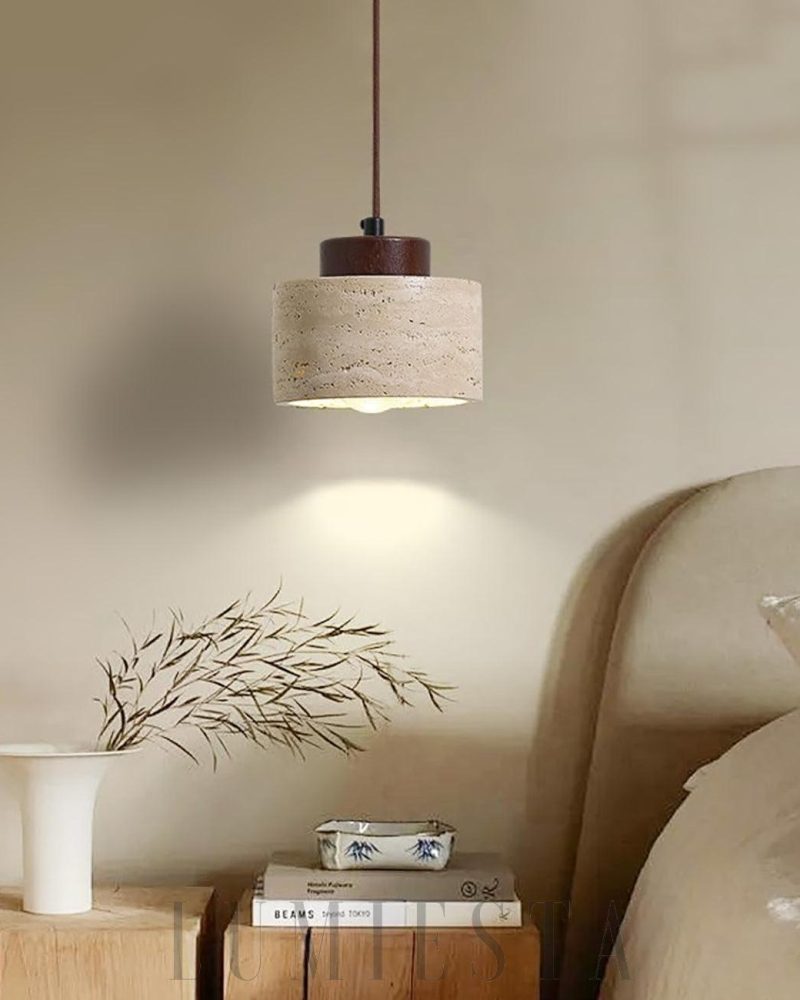 Lampa wisząca vintage cylindryczna z trawertynu beżowa
