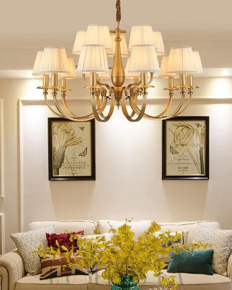 Elegancki żyrandol mosiężny z plisowanym abażurem 48cm 73cm 82cm 93cm