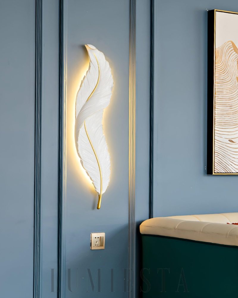 Lampa Ścienna Pióro Biała i Złota Nowoczesny Styl 24cm 91cm