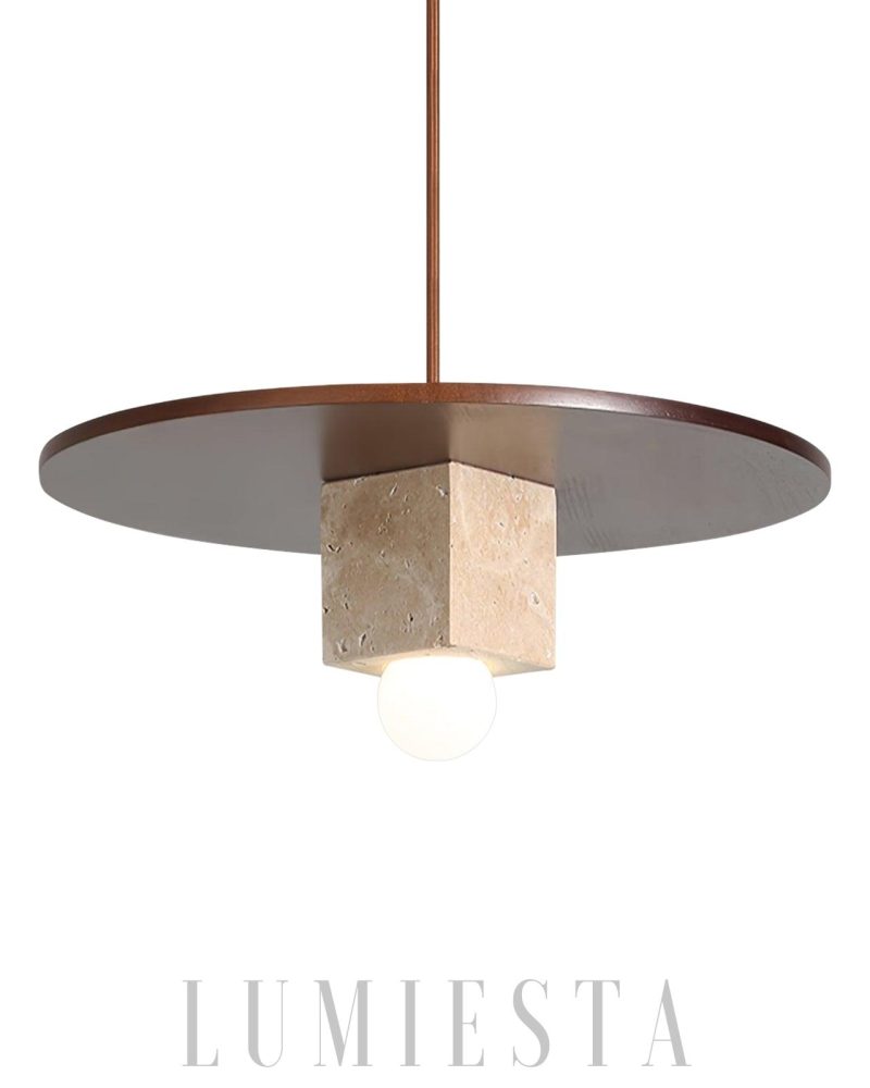 Lampa wisząca beżowa okrągła z drewna i trawertynu 30cm