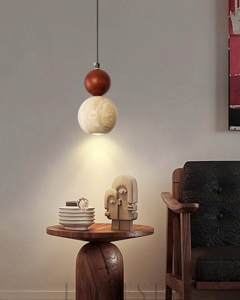 Lampa wisząca Travertynowa okrągła z drewnianym akcentem 10cm