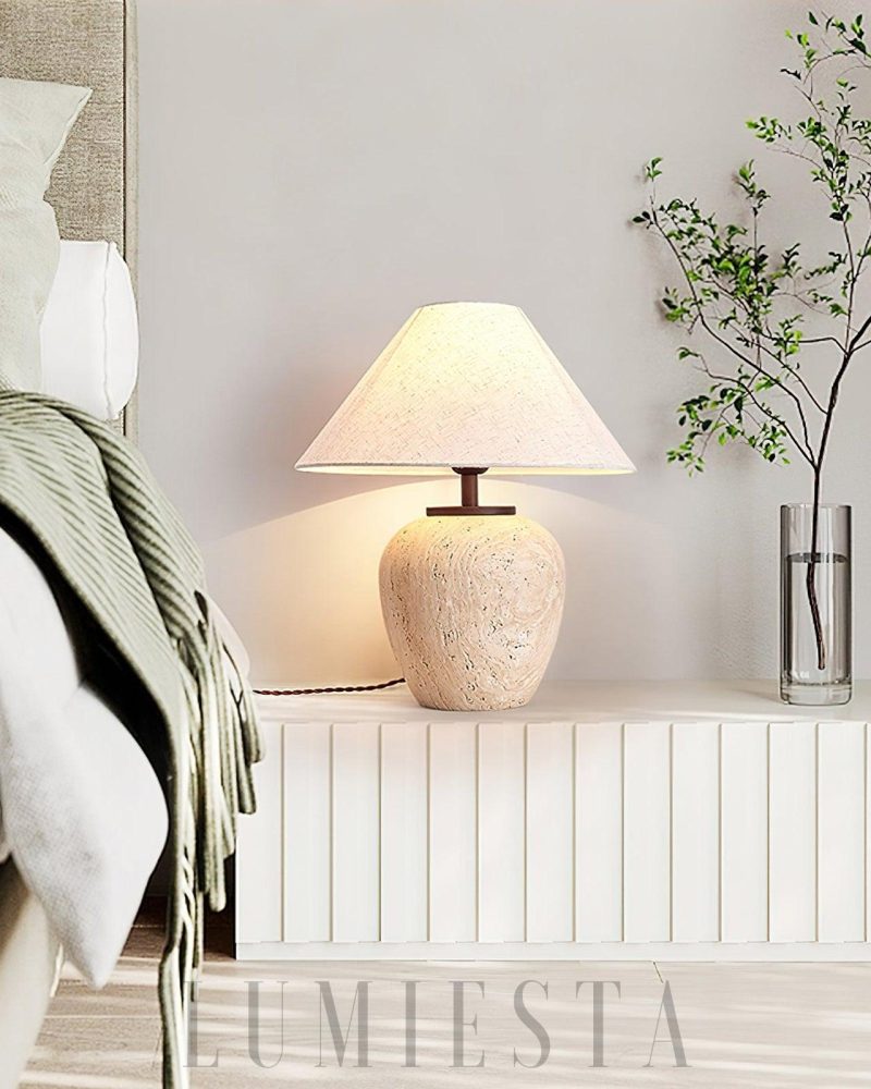Lampa stołowa Aoji z travertynu w kształcie misy 48cm beżowa