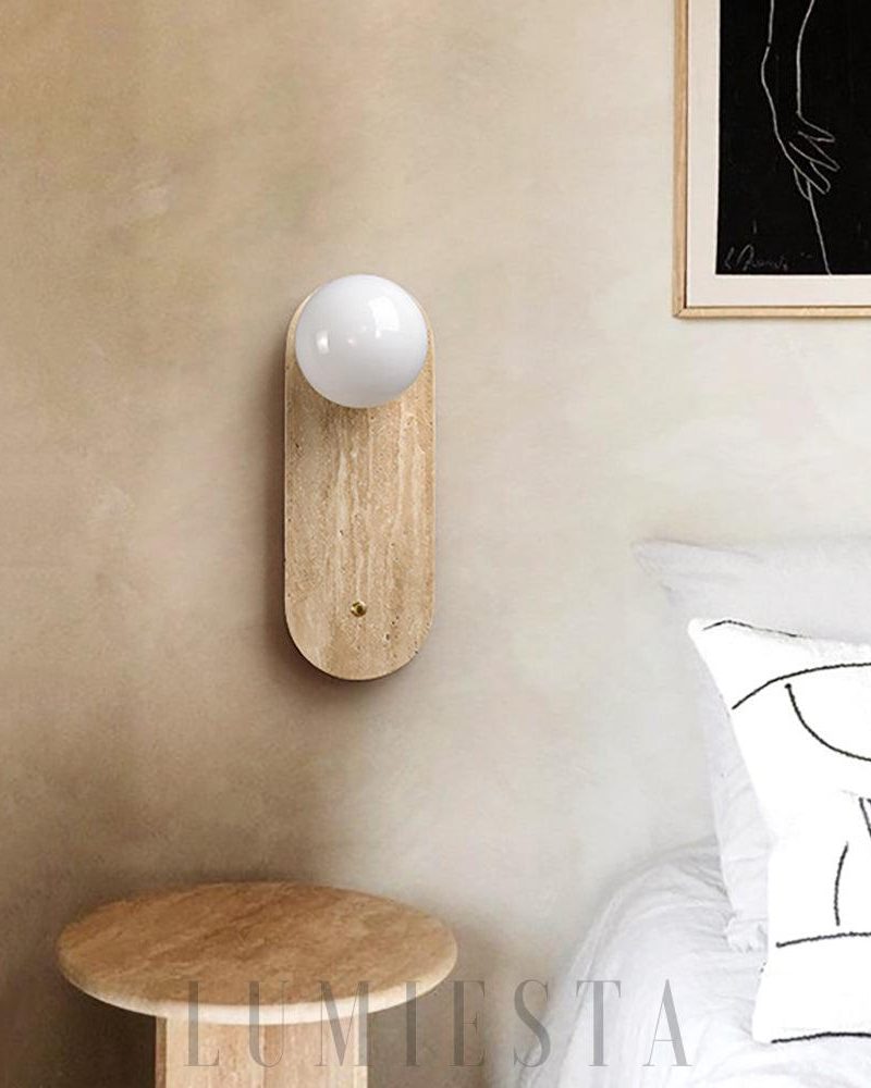 Lampa ścienna z trawertynu w kształcie okrągłym i owalnym żółta