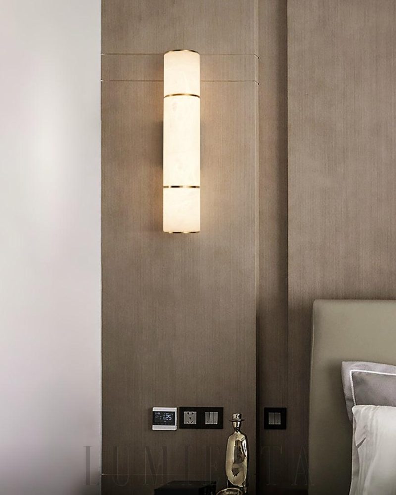 Lampa ścienna cylindryczna alabastrowa Biała Złota 8cm 26cm