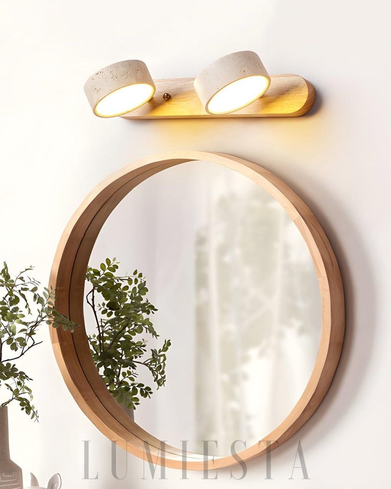 Stylowa lampa ścienna Travertine Duo z drewna i kamienia