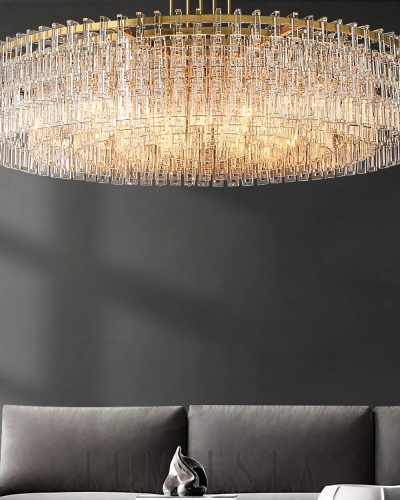 Lampa wisząca Marigna okrągła 60 cali z kryształami i mosiądzu