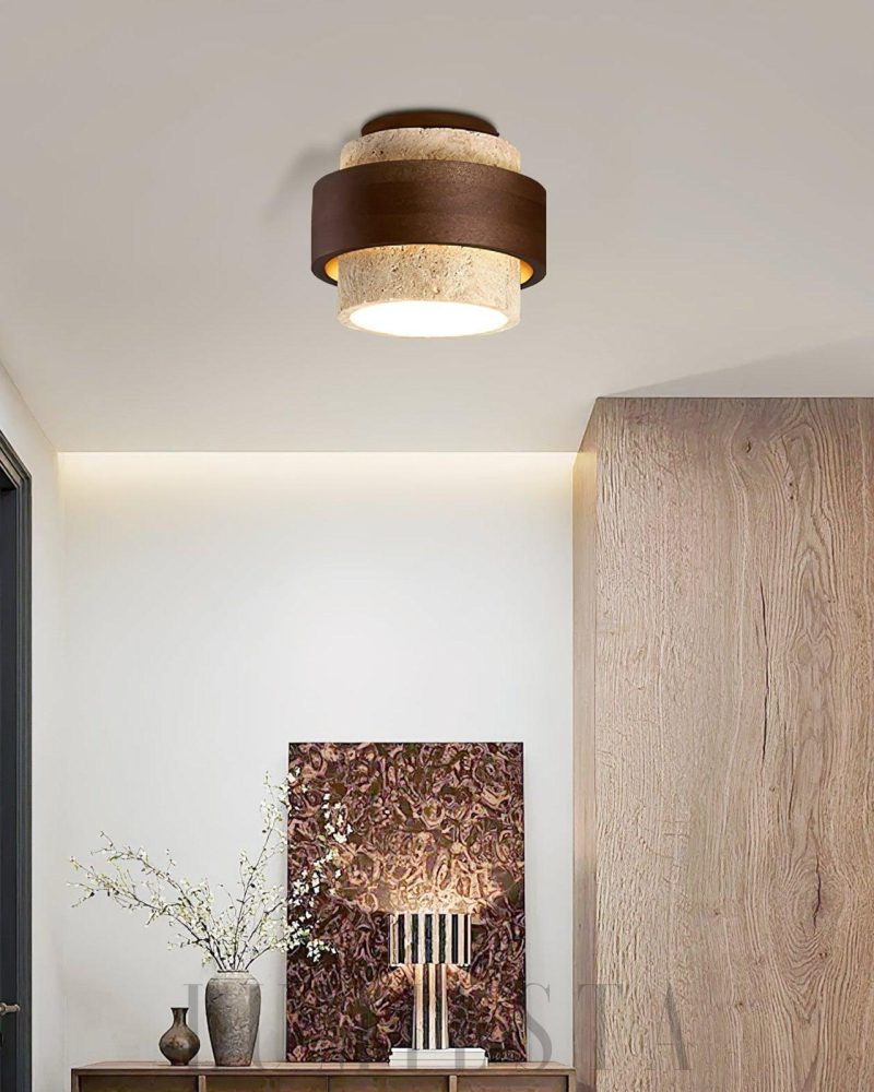 Lampa sufitowa cylindryczna z trawertynu w kolorze beżowym i orzechowym