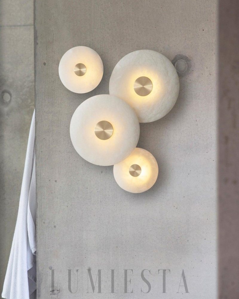 Lampa ścienna alabastrowa w kształcie dysku Biały Złoty
