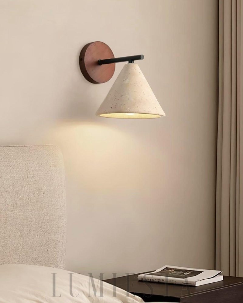Lampa Ścienna Stożkowa Travertynowa z Drewnianym Wykończeniem