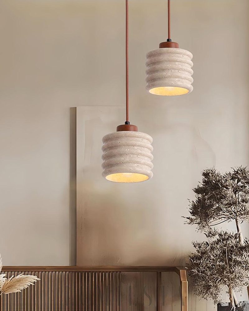 Lampa wisząca Candeeiro Column z travertynu i drewna 12cm