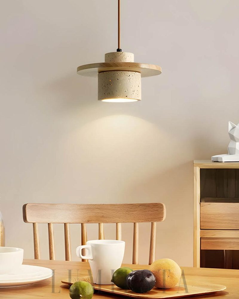 Cylindryczna lampa wisząca Stonova Duo z travertinu i drewna