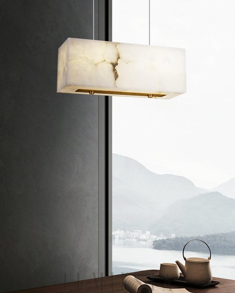 Alabastrowa prostokątna lampa wisząca w mosiądzu i bieli