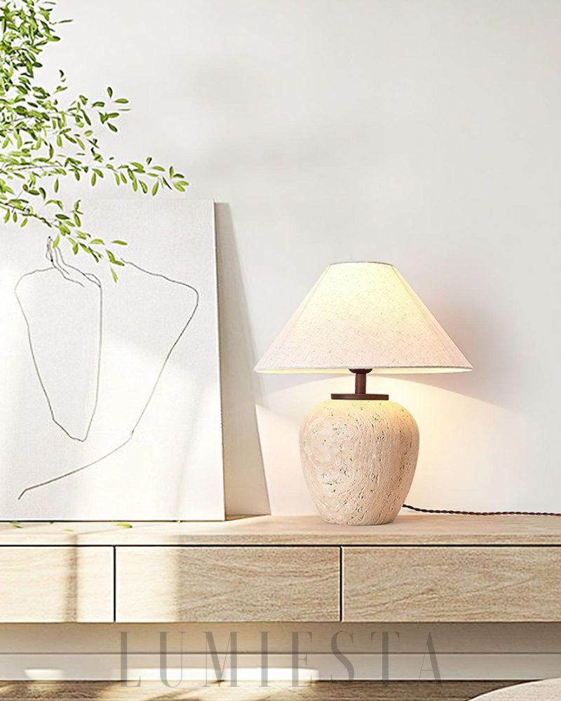 Lampa stołowa Aoji z travertynu w kształcie misy 48cm beżowa