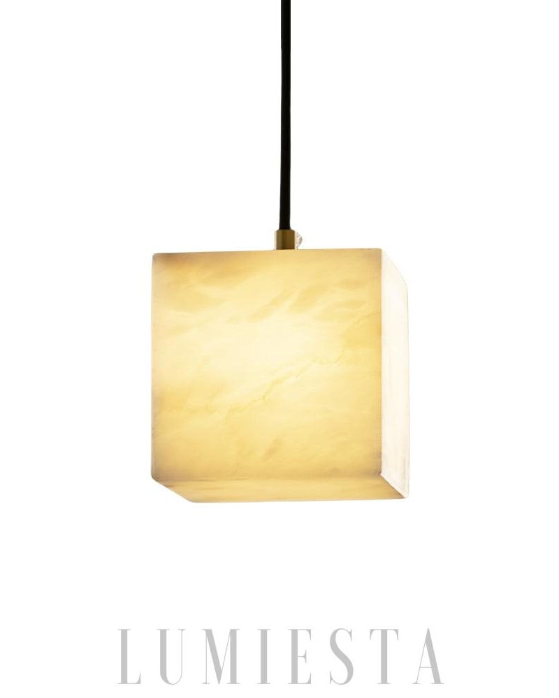 Nowoczesna lampa wisząca kwadratowa z alabastru biało złota 12cm