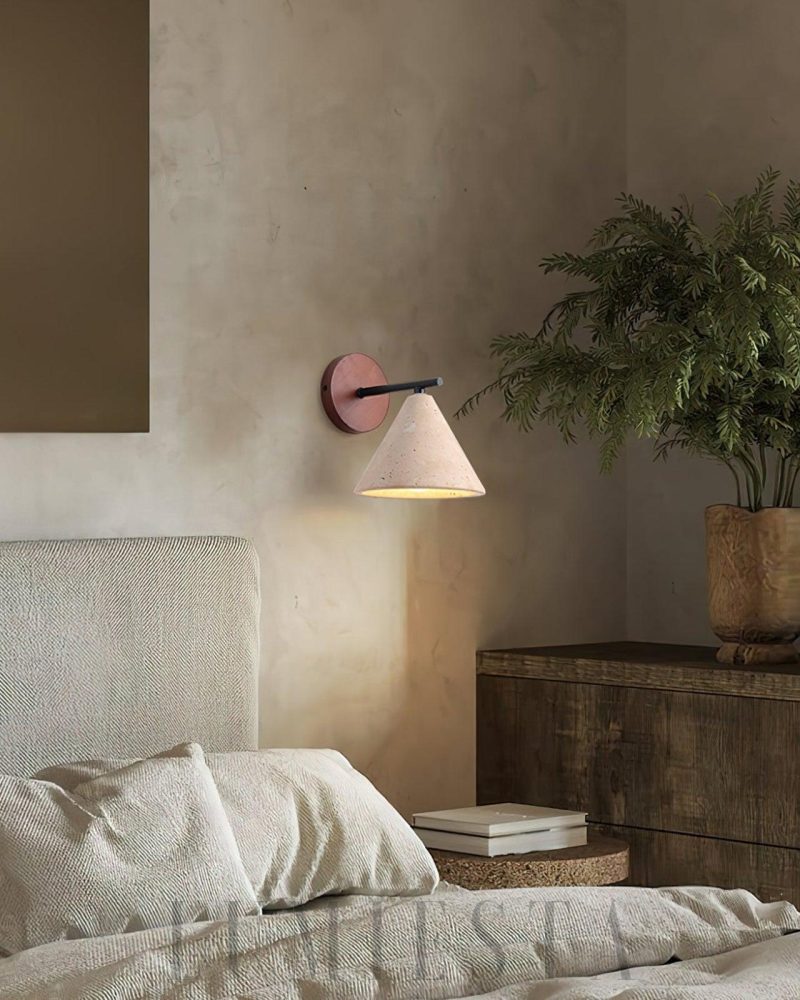 Lampa Ścienna Stożkowa Travertynowa z Drewnianym Wykończeniem