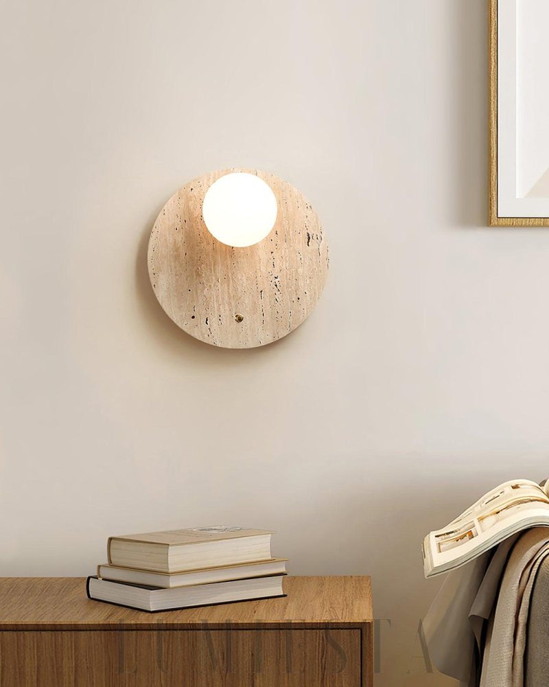 Lampa ścienna z trawertynu w kształcie okrągłym i owalnym żółta