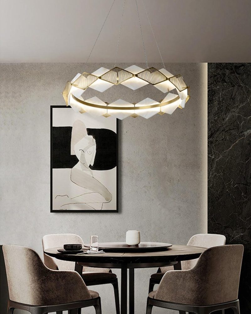 Lampa żyrandolowa diamentowa okrągła mosiężna z alabastrem