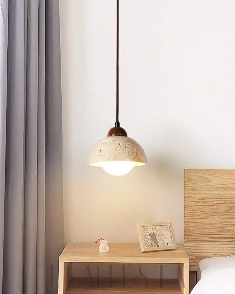Lampa wisząca półokrągła z travertynu i szkła w kolorze beżowym