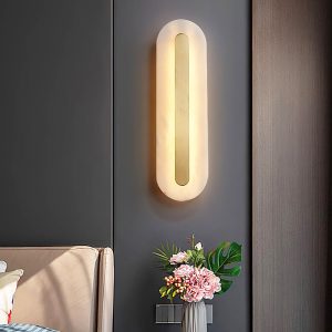 Oval - Wall lamp made of alabaster, gold/white, height 35/50/60 cm - LED wall sconce for living room