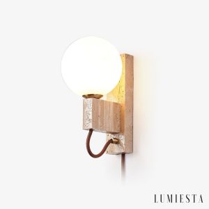 Aerolitha - Kinkiet trawertynowy, żółty z białym kloszem, do sypialni Ø6x23 cm