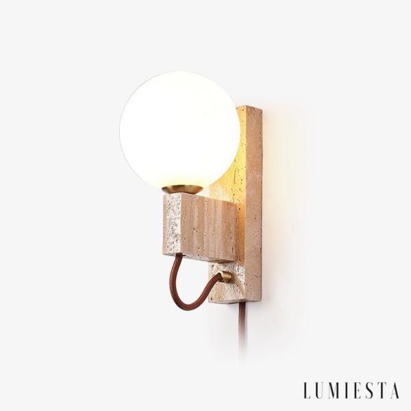 Aerolitha - Kinkiet trawertynowy, żółty z białym kloszem, do sypialni Ø6x23 cm