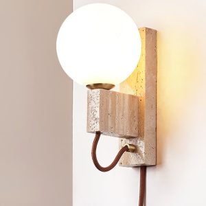 Aerolitha - Kinkiet trawertynowy, żółty z białym kloszem, do sypialni Ø6x23 cm