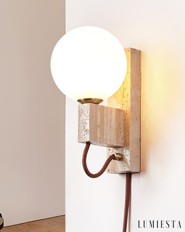 Aerolitha - Kinkiet trawertynowy, żółty z białym kloszem, do sypialni Ø6x23 cm