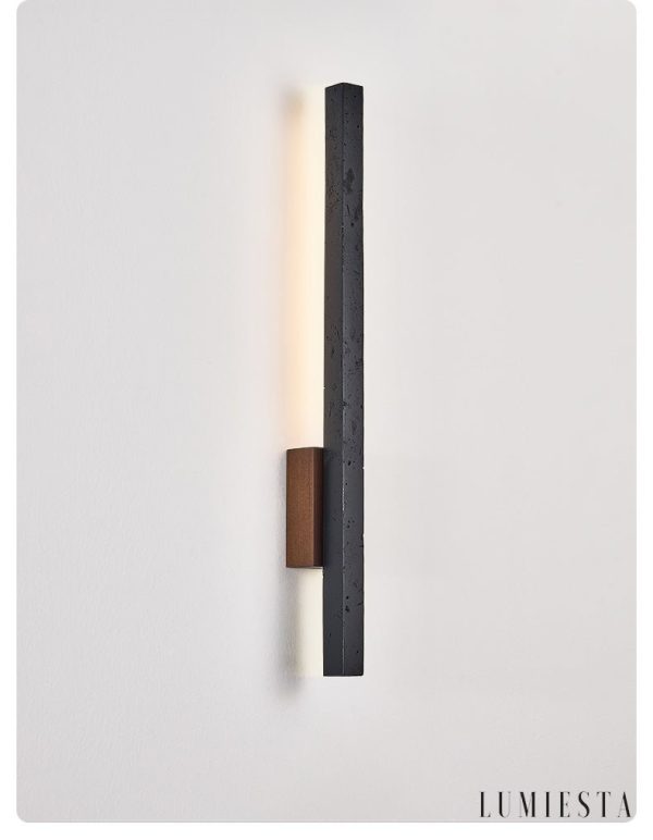 Andorrae - Kinkiet trawertynowy z drewnem, czarny, do salonu, Ø3x55/90 cm