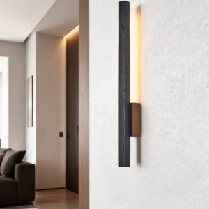 Andorrae - Kinkiet trawertynowy z drewnem, czarny, do salonu, Ø3x55/90 cm