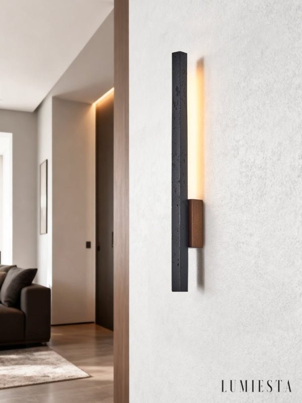 Andorrae - Kinkiet trawertynowy z drewnem, czarny, do salonu, Ø3x55/90 cm