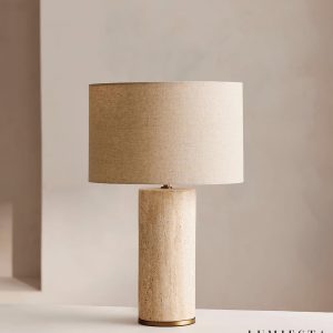 Obumi - Lampa stołowa trawertynowo-marmurowa, do salonu, Ø35 x 54 cm