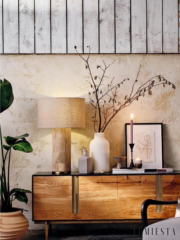 Obumi - Lampa stołowa trawertynowo-marmurowa, do salonu, Ø35 x 54 cm