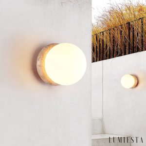 Astereta - Kinkiet trawertynowy, żółto-biały do salonu, Ø16x16 cm