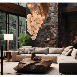 Atacamis - Lampa wisząca glamour, złota z alabastrem do salonu, Ø100 H150–300 cm