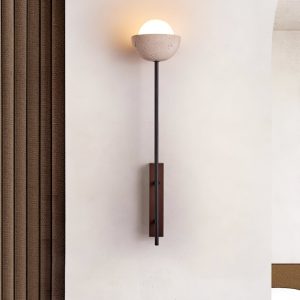 Atlantira - Lampa podłogowa trawertynowa z orzechem, do salonu, Ø15×H71/88 cm