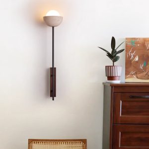 Atlantira - Lampa podłogowa trawertynowa z orzechem, do salonu, Ø15×H71/88 cm