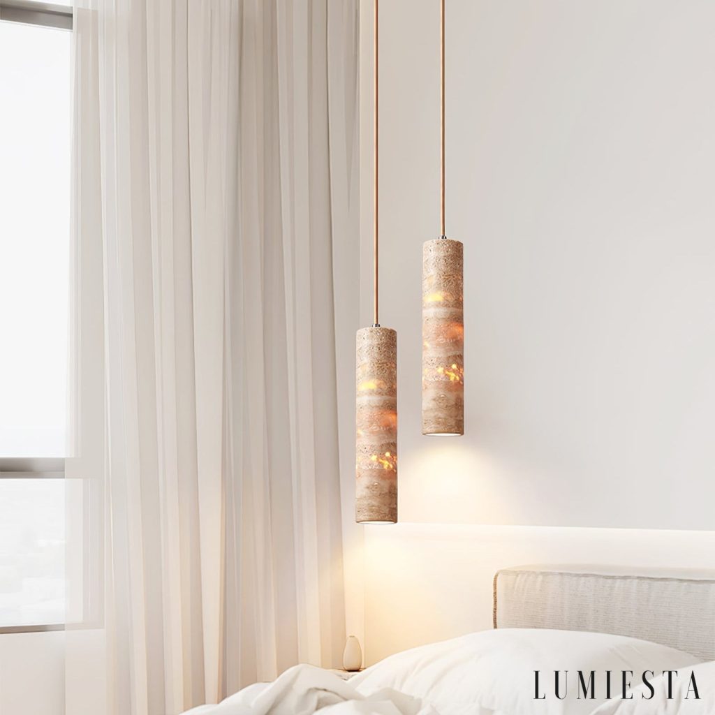 Aureliax - lampa wisząca z żółtego trawertynu, smukły cylindryczny klosz