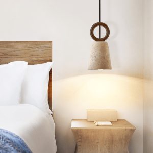 Aurelit - Lampa wisząca trawertynowa, orzechowe drewno do jadalni, Ø11 cm wys.21 cm