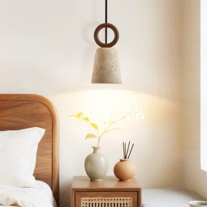 Aurelit - Lampa wisząca trawertynowa, orzechowe drewno do jadalni, Ø11 cm wys.21 cm