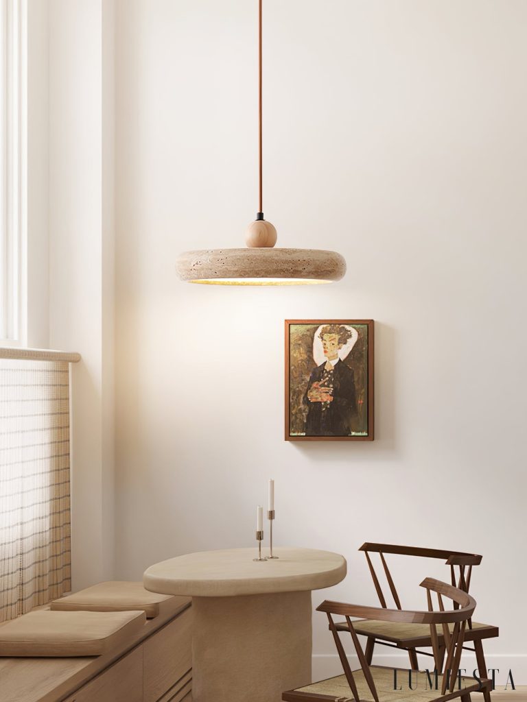 Okrągła lampa wisząca Aura Terra - żółty klosz i kamienny akcent